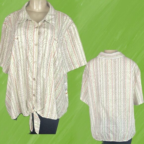 Alfred Dunner +24W Green-Coral Geo-Striped Button Tie Waist Short Sleeve Shirt - Picture 1 of 6